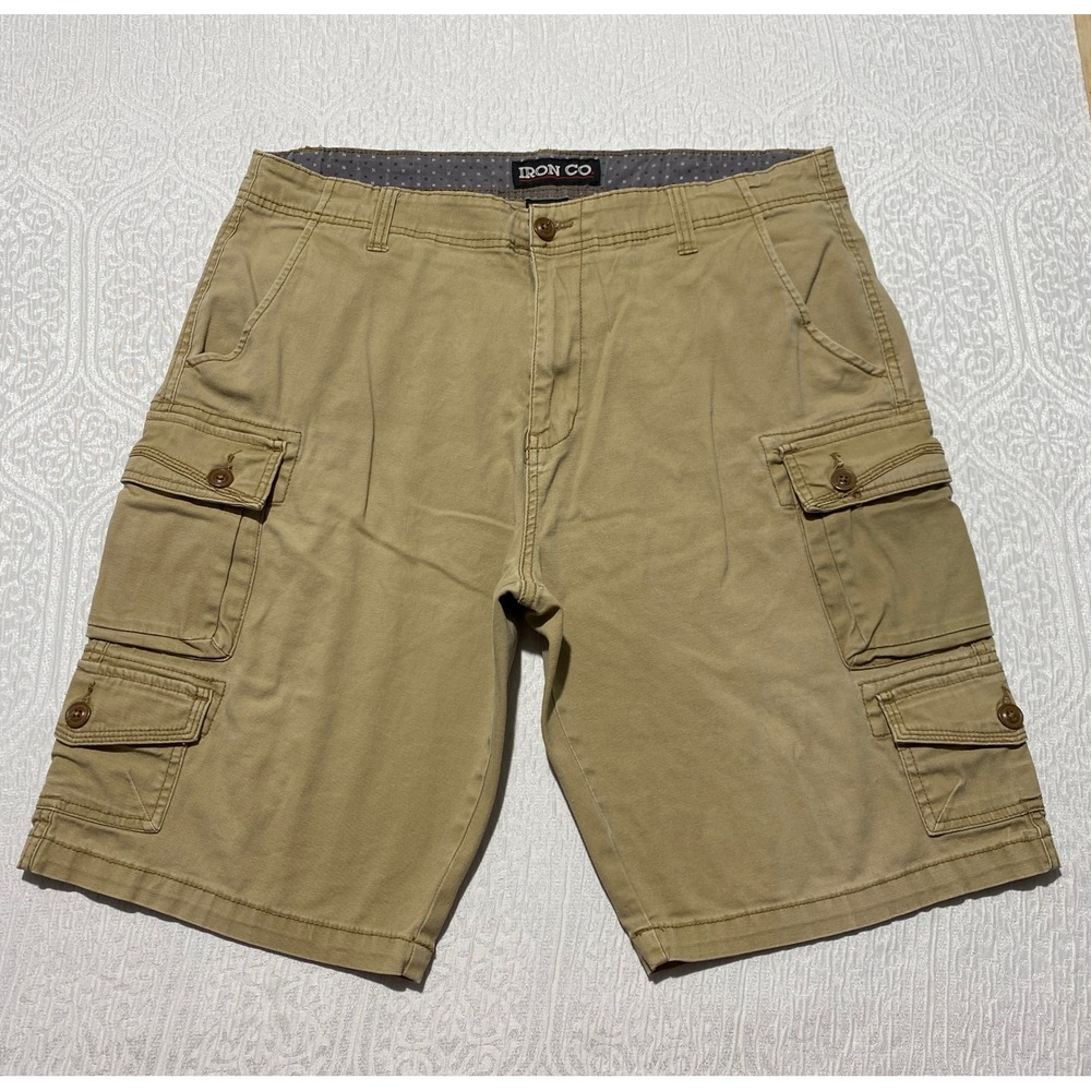 Iron Co Mens Khaki Tan Cargo Shorts Size 36 Stretch Cotton‎ Multi Pocket Utility